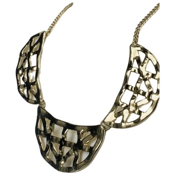 Vintage Gold Tone Half Moon Weave Art Deco Chain Gold Tone Statement Necklace - Picture 3 of 8